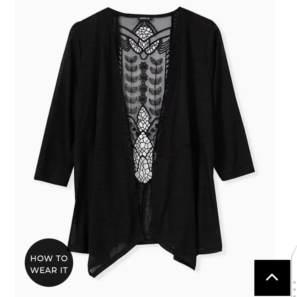 🆕 3X BLACK HACCI CROCHET / LACE BACK DRAPE FRONT CARDIGAN